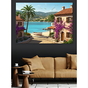 Tropik Sahilde Renkli Evler Dekoratif Kanvas - Mdf Ahşap Tablo 70x100 cm