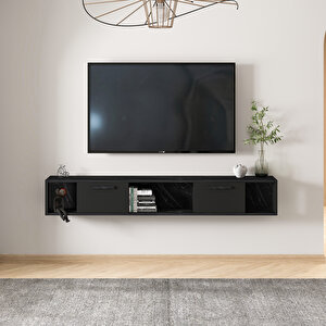 T006 Viero Mermer Desenli Duvara Monte Tv Ünitesi – 160 Cm, Kapaklı Raflı, Siyah/siyah Mermer Siyah-Siyah Mermer