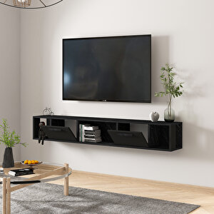 T006 Viero Mermer Desenli Duvara Monte Tv Ünitesi – 160 Cm, Kapaklı Raflı, Siyah/siyah Mermer