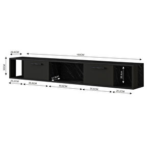 T006 Viero Mermer Desenli Duvara Monte Tv Ünitesi – 160 Cm, Kapaklı Raflı, Siyah/siyah Mermer