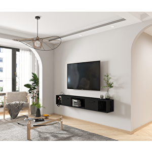 T006 Viero Mermer Desenli Duvara Monte Tv Ünitesi – 160 Cm, Kapaklı Raflı, Siyah/siyah Mermer