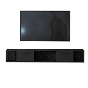 T006 Viero Mermer Desenli Duvara Monte Tv Ünitesi – 160 Cm, Kapaklı Raflı, Siyah/siyah Mermer