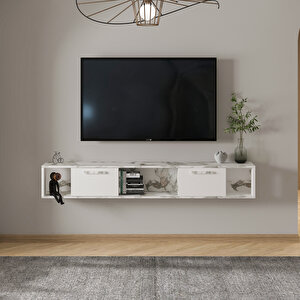 T006 Viero Mermer Desenli Duvara Monte Tv Ünitesi – 160 Cm, Kapaklı Raflı, Beyaz/beyaz Mermer Beyaz Beyaz Mermer
