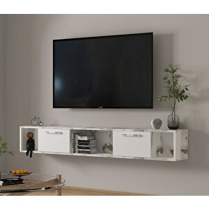T006 Viero Mermer Desenli Duvara Monte Tv Ünitesi – 160 Cm, Kapaklı Raflı, Beyaz/beyaz Mermer Beyaz Beyaz Mermer