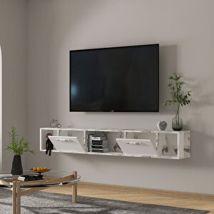 T006 Viero Mermer Desenli Duvara Monte Tv Ünitesi – 160 Cm, Kapaklı Raflı, Beyaz/beyaz Mermer