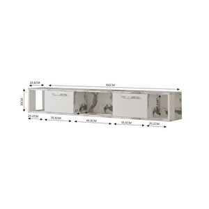 T006 Viero Mermer Desenli Duvara Monte Tv Ünitesi – 160 Cm, Kapaklı Raflı, Beyaz/beyaz Mermer