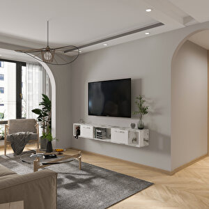 T006 Viero Mermer Desenli Duvara Monte Tv Ünitesi – 160 Cm, Kapaklı Raflı, Beyaz/beyaz Mermer