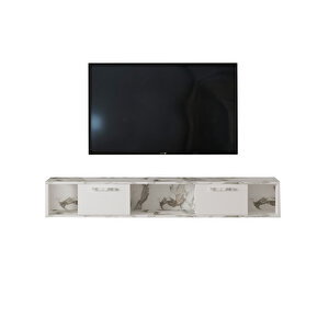 T006 Viero Mermer Desenli Duvara Monte Tv Ünitesi – 160 Cm, Kapaklı Raflı, Beyaz/beyaz Mermer