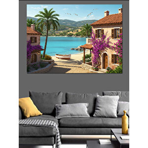 Tropik Sahilde Renkli Evler Dekoratif Kanvas - Mdf Ahşap Tablo