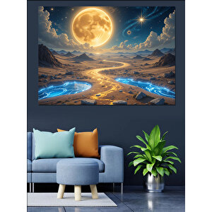 Ay Altında Altın Nehir Dekoratif Kanvas - Mdf Ahşap Tablo