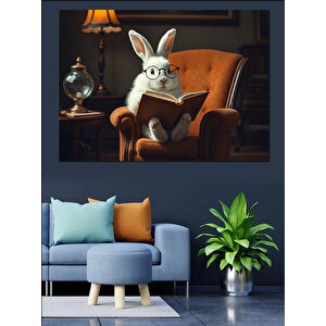 Bilgili Tavşan Kitap Okuyor Dekoratif Kanvas - Mdf Ahşap Tablo 35x50 cm