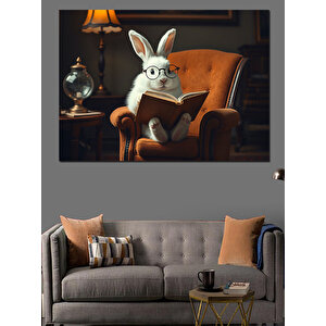 Bilgili Tavşan Kitap Okuyor Dekoratif Kanvas - Mdf Ahşap Tablo 35x50 cm