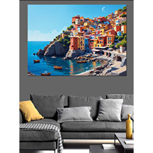 Renkli Akdeniz Evleri Kompozisyonu Dekoratif Kanvas - Mdf Ahşap Tablo 70x100 cm