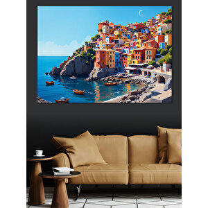 Renkli Akdeniz Evleri Kompozisyonu Dekoratif Kanvas - Mdf Ahşap Tablo 70x100 cm