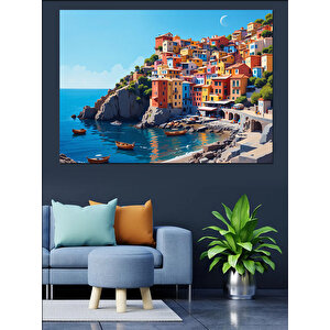 Renkli Akdeniz Evleri Kompozisyonu Dekoratif Kanvas - Mdf Ahşap Tablo 70x100 cm