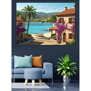 Tropik Sahilde Renkli Evler Dekoratif Kanvas - Mdf Ahşap Tablo 50x70 cm