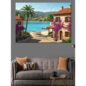 Tropik Sahilde Renkli Evler Dekoratif Kanvas - Mdf Ahşap Tablo 50x70 cm