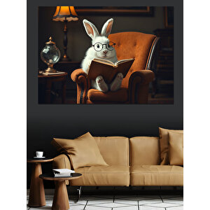 Bilgili Tavşan Kitap Okuyor Dekoratif Kanvas - Mdf Ahşap Tablo 50x70 cm