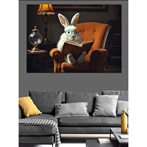 Bilgili Tavşan Kitap Okuyor Dekoratif Kanvas - Mdf Ahşap Tablo