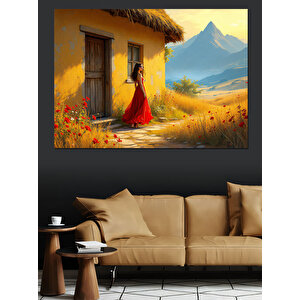 Kır Evinde Kadın Dekoratif Kanvas - Mdf Ahşap Tablo 35x50 cm