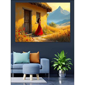 Kır Evinde Kadın Dekoratif Kanvas - Mdf Ahşap Tablo 35x50 cm