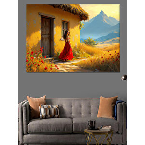 Kır Evinde Kadın Dekoratif Kanvas - Mdf Ahşap Tablo 35x50 cm