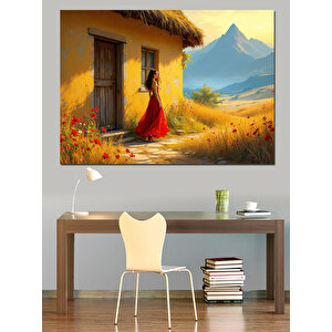 Kır Evinde Kadın Dekoratif Kanvas - Mdf Ahşap Tablo