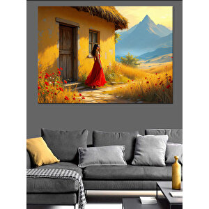Kır Evinde Kadın Dekoratif Kanvas - Mdf Ahşap Tablo