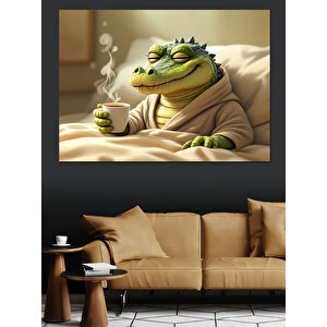 Timsah Kahve Keyfi Dekoratif Kanvas - Mdf Ahşap Tablo 35x50 cm