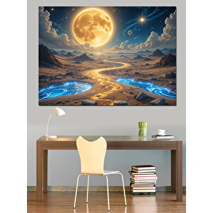 Ay Altında Altın Nehir Dekoratif Kanvas - Mdf Ahşap Tablo 35x50 cm