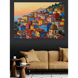 Renkli Evlerle Deniz Köyü Dekoratif Kanvas - Mdf Ahşap Tablo 70x100 cm