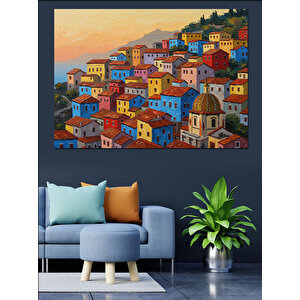Renkli Evlerle Deniz Köyü Dekoratif Kanvas - Mdf Ahşap Tablo 70x100 cm
