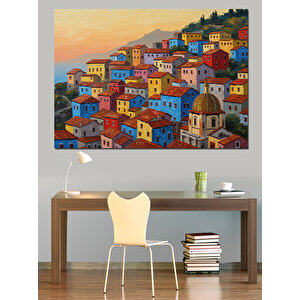 Renkli Evlerle Deniz Köyü Dekoratif Kanvas - Mdf Ahşap Tablo