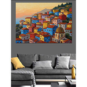 Renkli Evlerle Deniz Köyü Dekoratif Kanvas - Mdf Ahşap Tablo