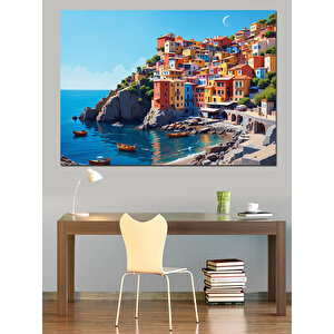 Renkli Akdeniz Evleri Kompozisyonu Dekoratif Kanvas - Mdf Ahşap Tablo