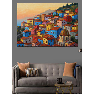 Renkli Evlerle Deniz Köyü Dekoratif Kanvas - Mdf Ahşap Tablo 50x70 cm