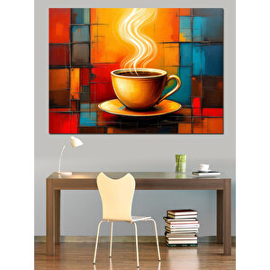 Renkli Kareli Kahve Fincanı Dekoratif Kanvas - Mdf Ahşap Tablo 100x140 cm