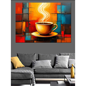 Renkli Kareli Kahve Fincanı Dekoratif Kanvas - Mdf Ahşap Tablo 100x140 cm