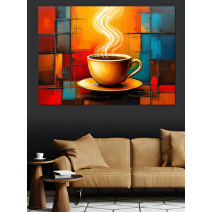 Renkli Kareli Kahve Fincanı Dekoratif Kanvas - Mdf Ahşap Tablo 100x140 cm