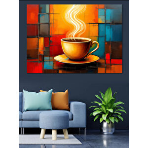Renkli Kareli Kahve Fincanı Dekoratif Kanvas - Mdf Ahşap Tablo