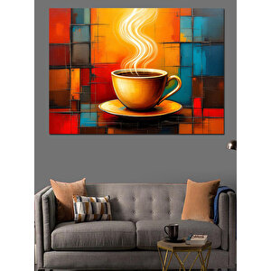 Renkli Kareli Kahve Fincanı Dekoratif Kanvas - Mdf Ahşap Tablo