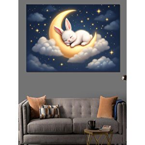 Ay Üstünde Uyuyan Tavşan Dekoratif Kanvas - Mdf Ahşap Tablo 50x70 cm