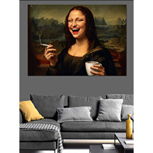 Kahve İçen Mona Lisa Dekoratif Kanvas - Mdf Ahşap Tablo 70x100 cm