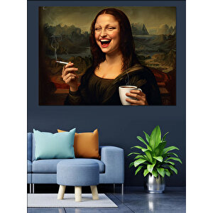Kahve İçen Mona Lisa Dekoratif Kanvas - Mdf Ahşap Tablo 70x100 cm