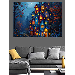 Karanlıkta Parlayan Evler Dekoratif Kanvas - Mdf Ahşap Tablo 100x140 cm