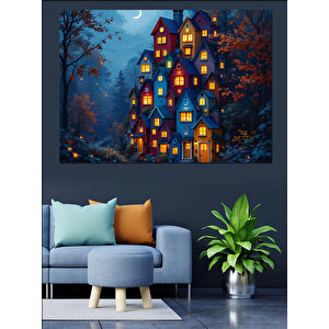 Karanlıkta Parlayan Evler Dekoratif Kanvas - Mdf Ahşap Tablo 100x140 cm