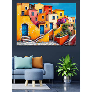 Renkli Akdeniz Evleri Dekoratif Kanvas - Mdf Ahşap Tablo