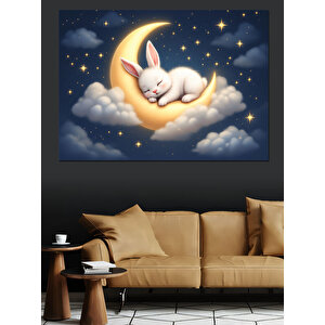 Ay Üstünde Uyuyan Tavşan Dekoratif Kanvas - Mdf Ahşap Tablo 35x50 cm