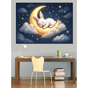 Ay Üstünde Uyuyan Tavşan Dekoratif Kanvas - Mdf Ahşap Tablo