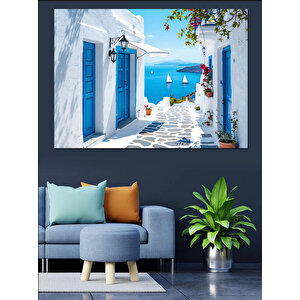 Mavi Kapılı Beyaz Ev Dekoratif Kanvas - Mdf Ahşap Tablo 100x140 cm